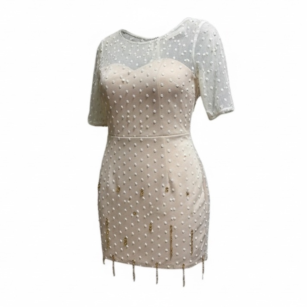 NWOT Jovani White and Gold Mesh polka dot mini Dress holiday party ready cozy